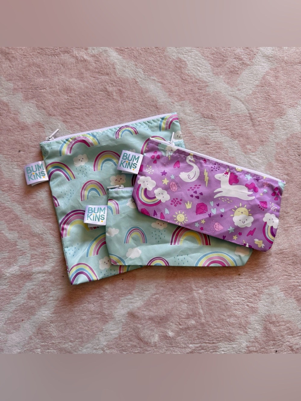 ♻️ 3 Bumkins Reusable Snack Bags Rainbow, Unicorn, Fantasy Theme Purple/Mint